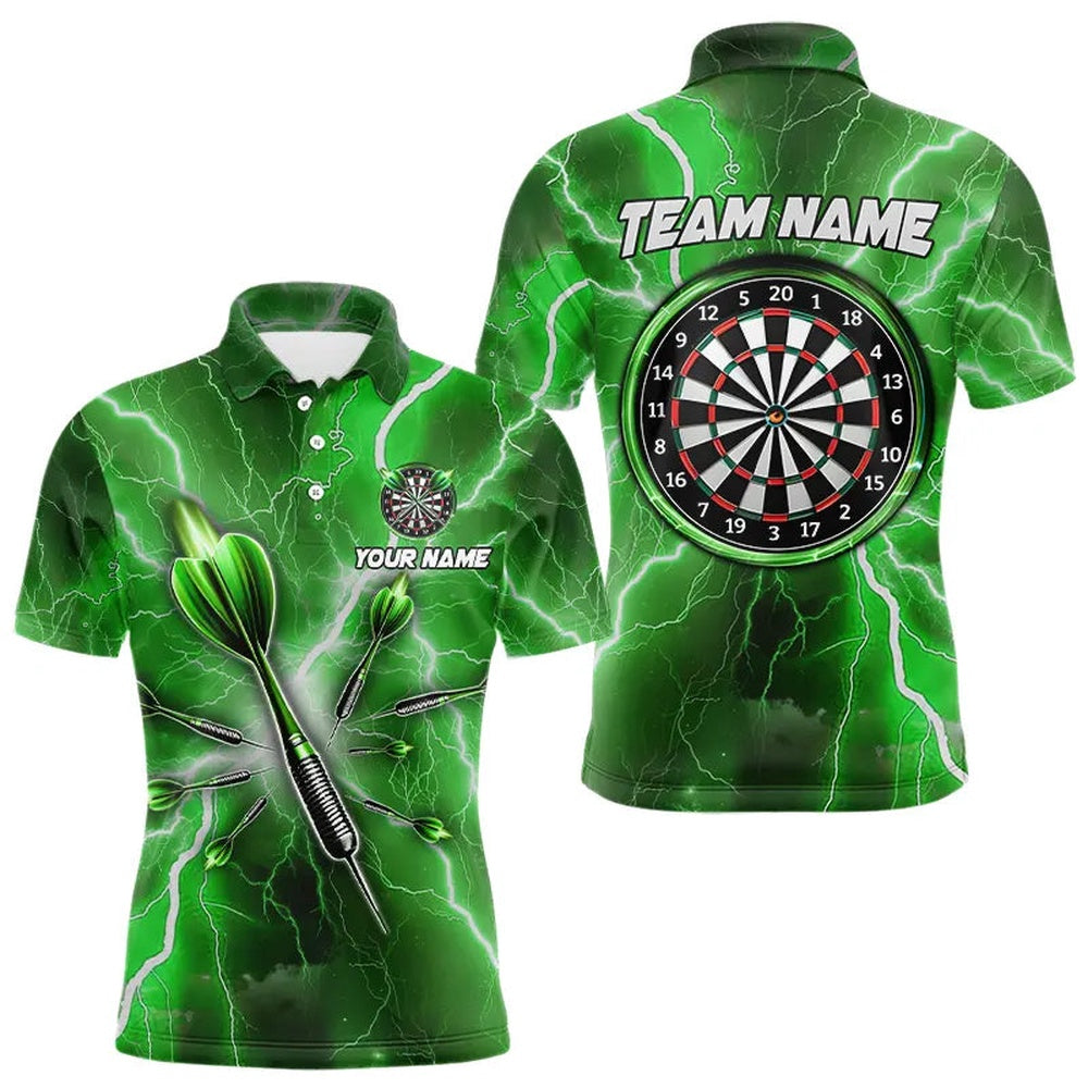 Green Thunder Lightning 3D Women Darts Polo Custom Dart Shirts For Men Dart Polo, Darts Team Polo Shirt
