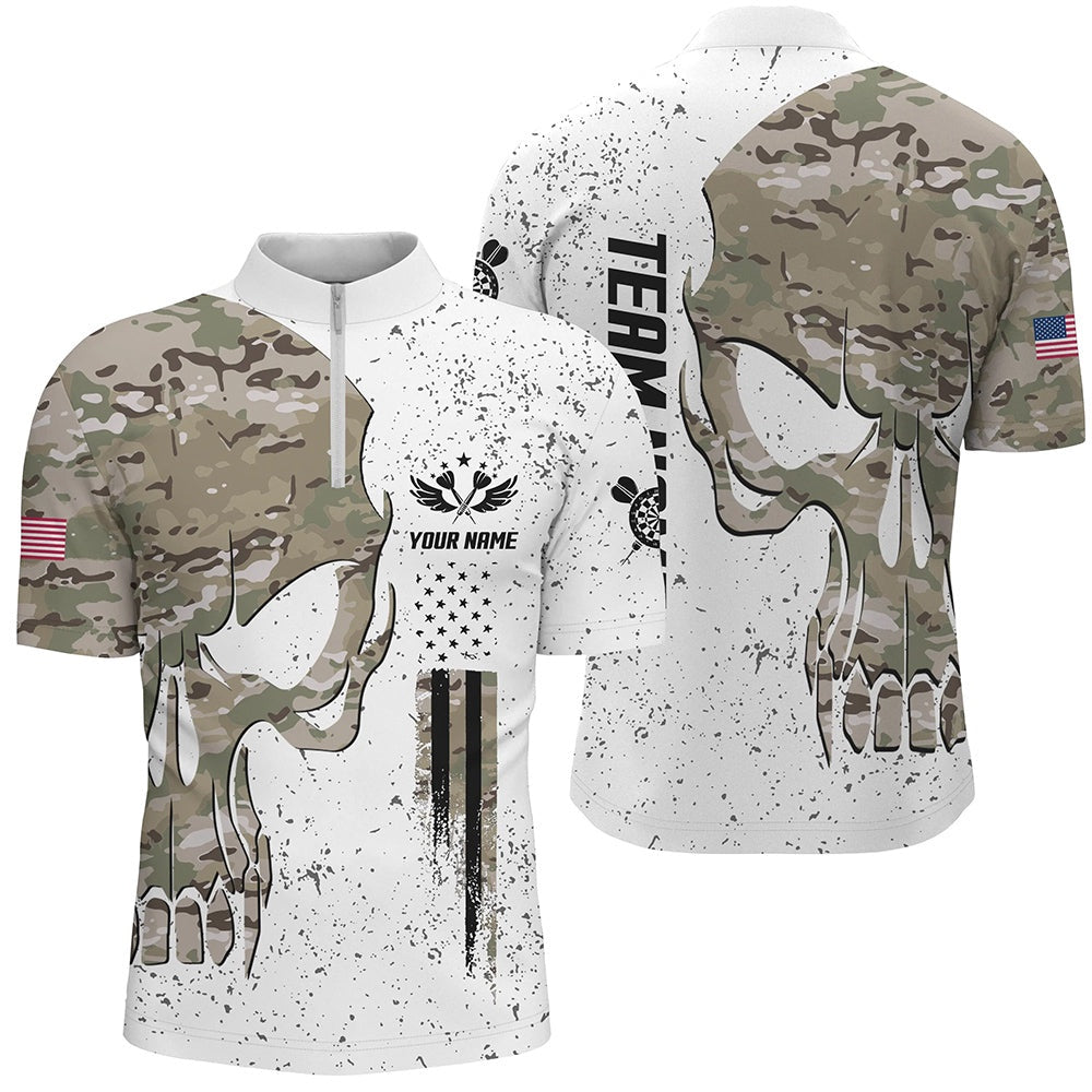 Grunge Camo Skull American Flag Darts Jersey Shirt Custom Patriotic Mens Dart Jersey, Darts Team Jersey Shirt