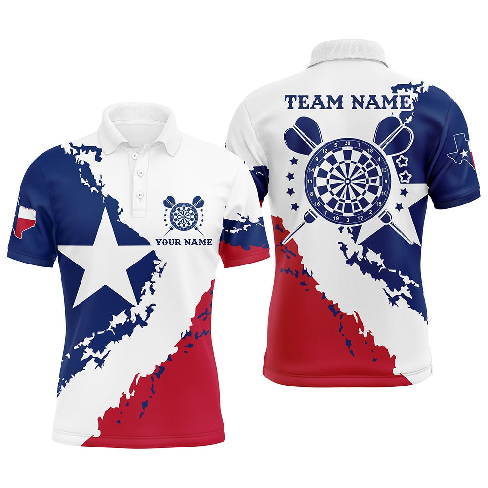 Grunge Texas Flag Darts Polo Shirts For Men Custom Patriotic Darts Polo Attire, Darts Team Polo Shirt