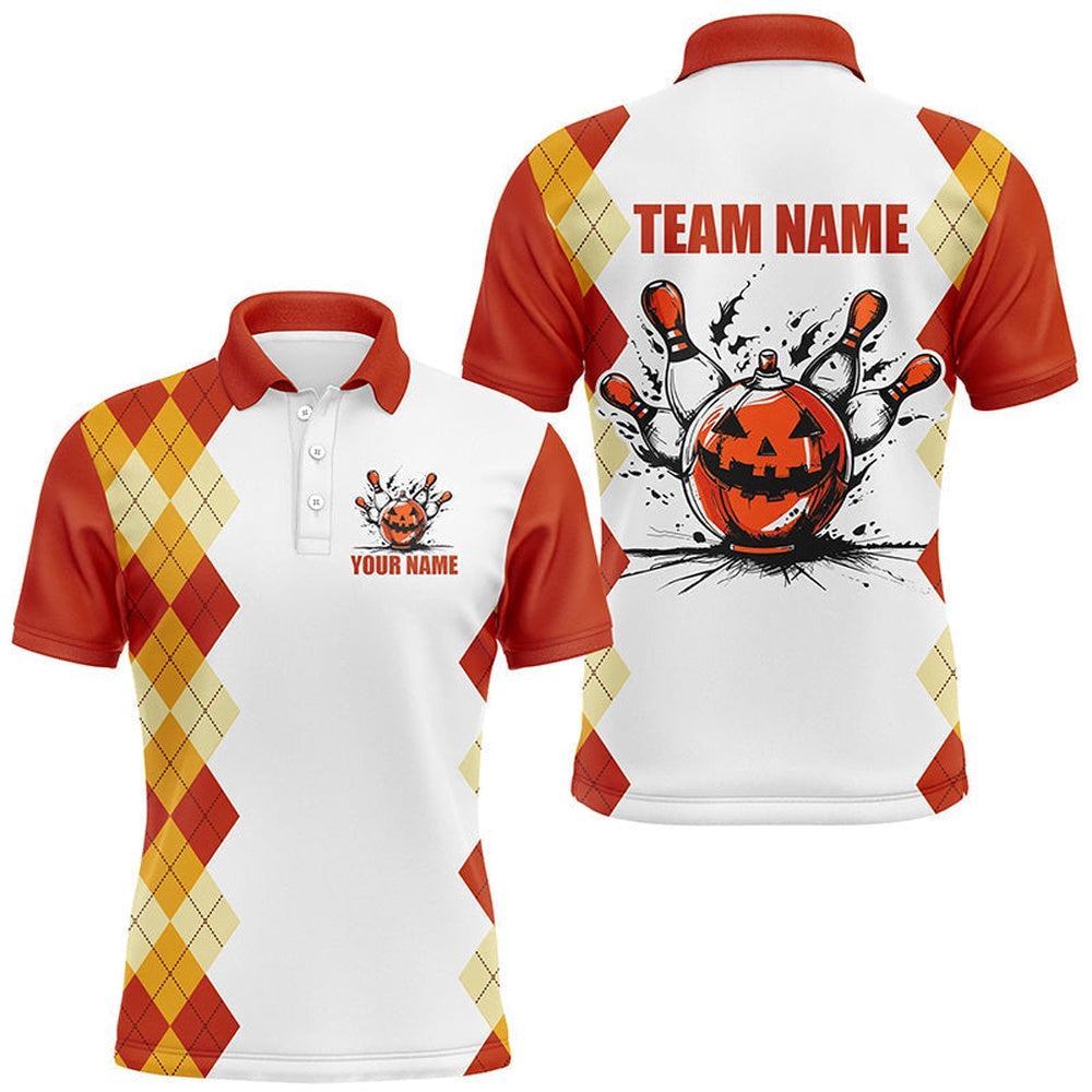 Halloween Orange Argyle Pattern Bowling Pumpkins Shirts For Men Custom Team Bowling Polo, Bowling Team Shirts