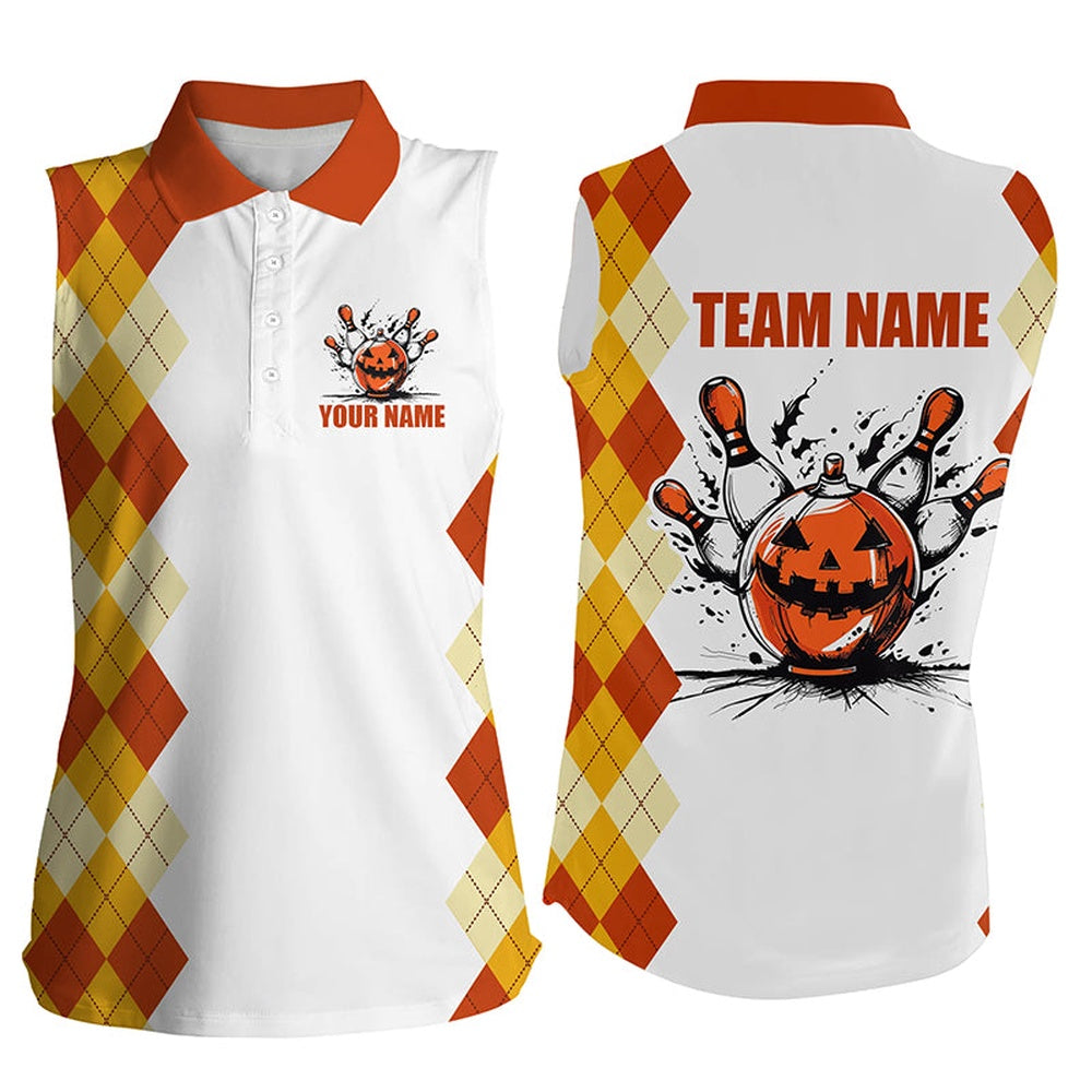Halloween Orange Argyle Pattern Bowling Pumpkins Sleeveless Polo Shirts Custom Team Bowling Polo, Women Bowling Shirts