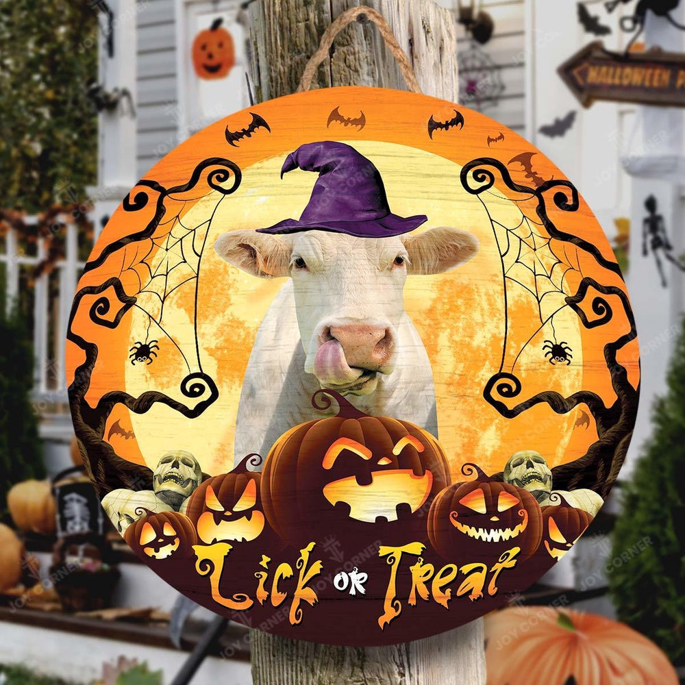 Happy Halloween Charolais Lick Or Treat Round Wooden Sign, Farm Wood Sign, Farmhouse Decor Wooden Signs