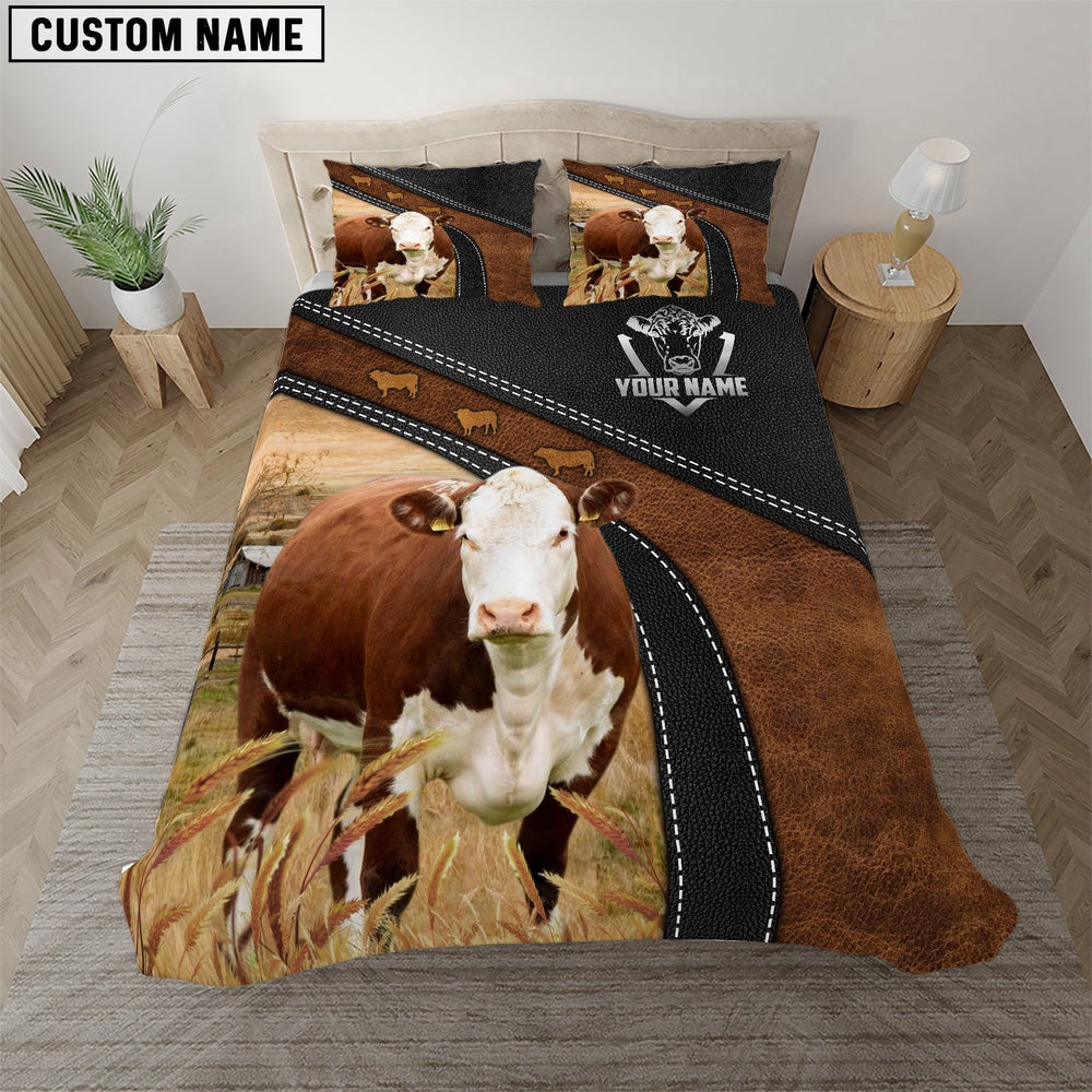 Hereford Black Leather Premium Pattern Customized Name Bedding Set, Farm Bedding Set, Farmhouse Bedding Set
