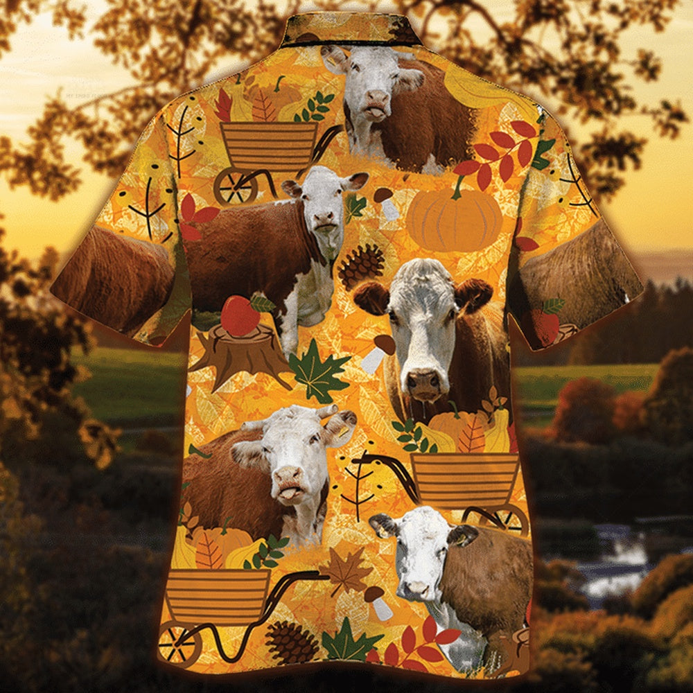 Hereford Cattle Lovers Orange Nature Autumn Hawaiian Shirt, Farm Hawaiian Shirt, Farmer Hawaii