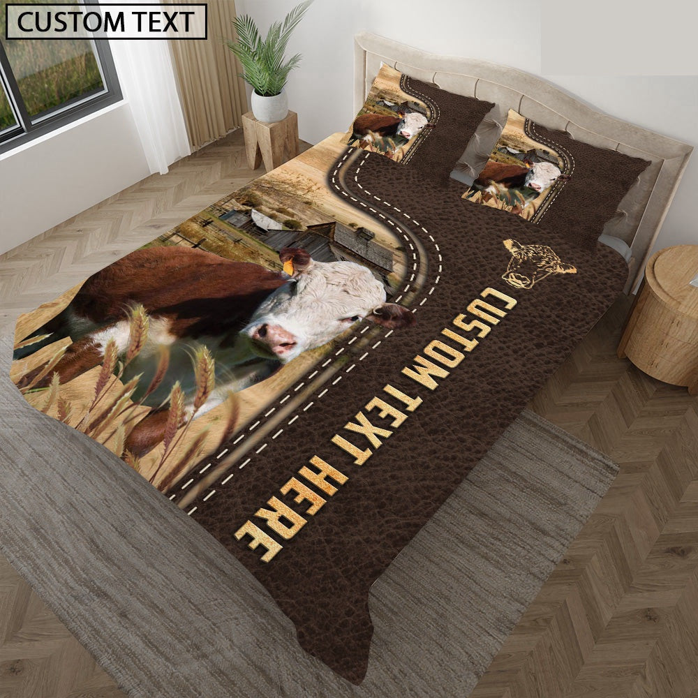 Hereford Custom Text Leather Pattern Bedding Set, Farm Bedding Set, Farmhouse Bedding Set