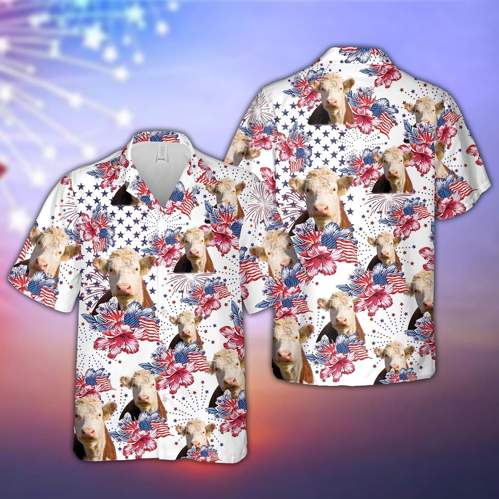 Hereford US Flag Flower Pattern Hawaiian Shirt, Farm Hawaiian Shirt, Farmer Hawaii
