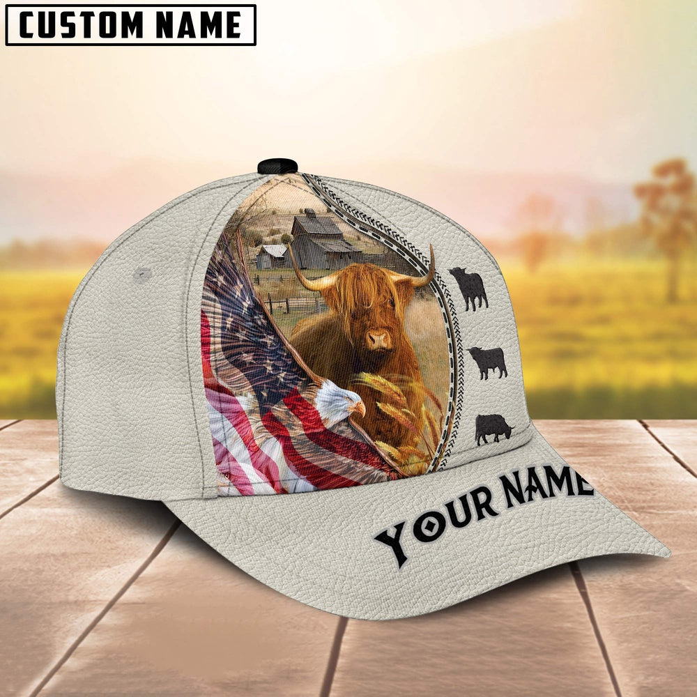 Highland Cattle Eagle US Flag Leather Pattern Customized 3D Cap, Farmer Cap, Cap For Farmers, Best Farm Hat, Farm Use Hat
