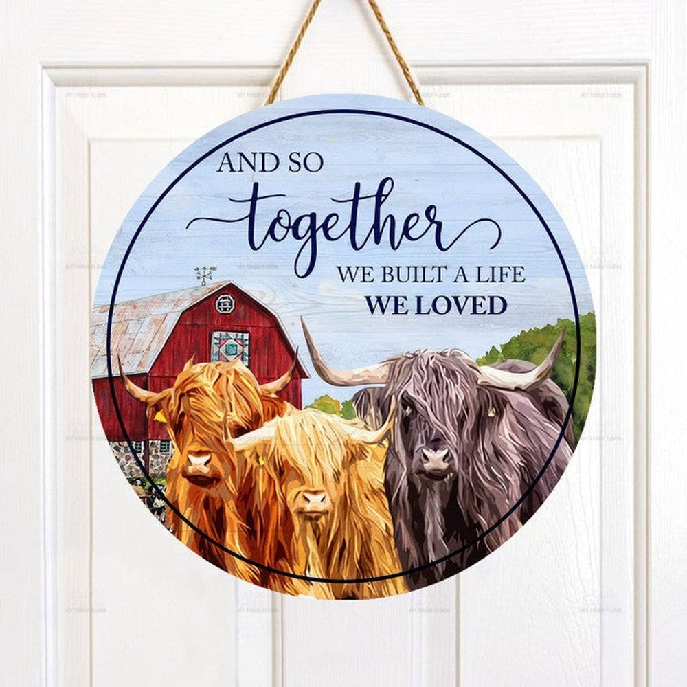 Highland Cattle Lovers And So Together Round Happy Halloween Wooden Sign, Farm Wood Sign, Farmhouse Decor Wooden Signs