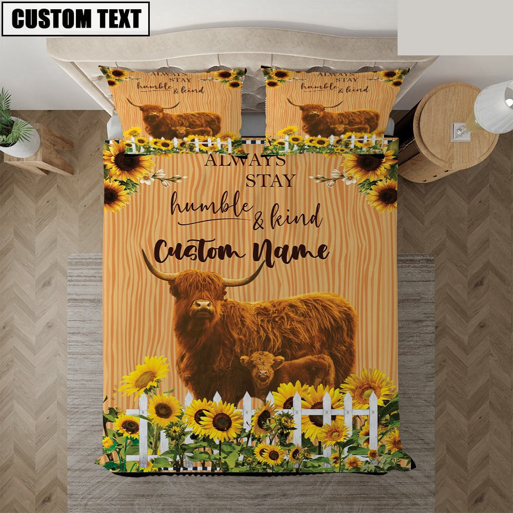 Highland Stay Humble And Kind Custom Name Bedding Set, Farm Bedding Set, Farmhouse Bedding Set
