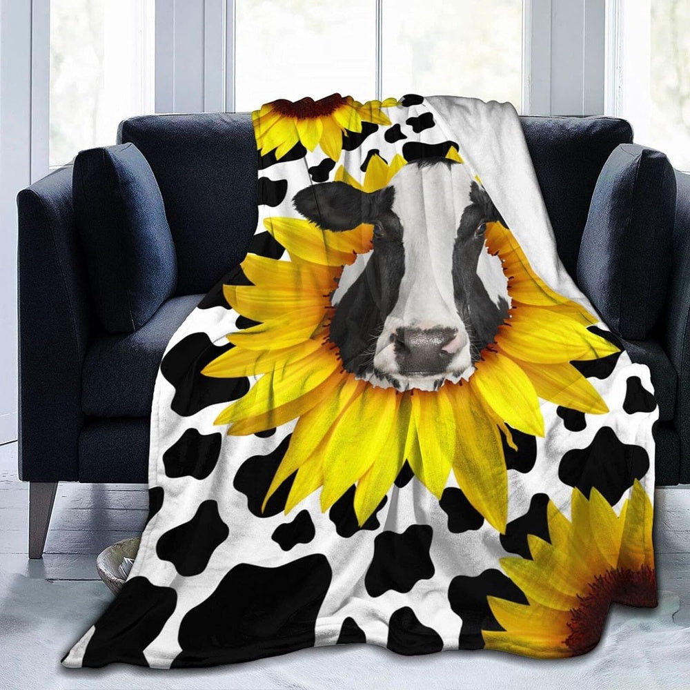 Holstein Cattle Sunflower Pattern Blanket, Farm Blanket, Farm Animal Blanket