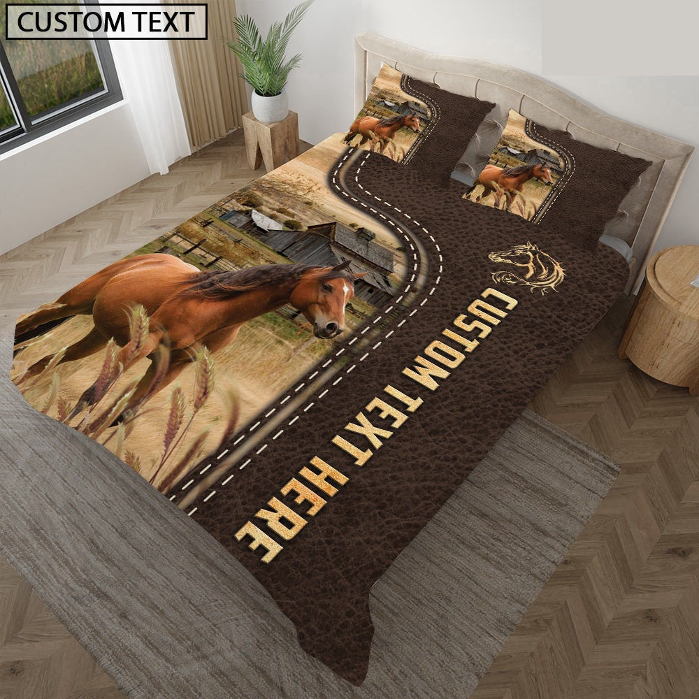 Horse Custom Text Leather Pattern Bedding Set, Farm Bedding Set, Farmhouse Bedding Set