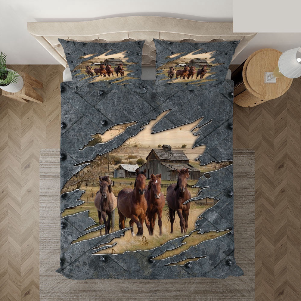 Horse On The Farm Customized Name Bedding Set, Farm Bedding Set, Farmhouse Bedding Set