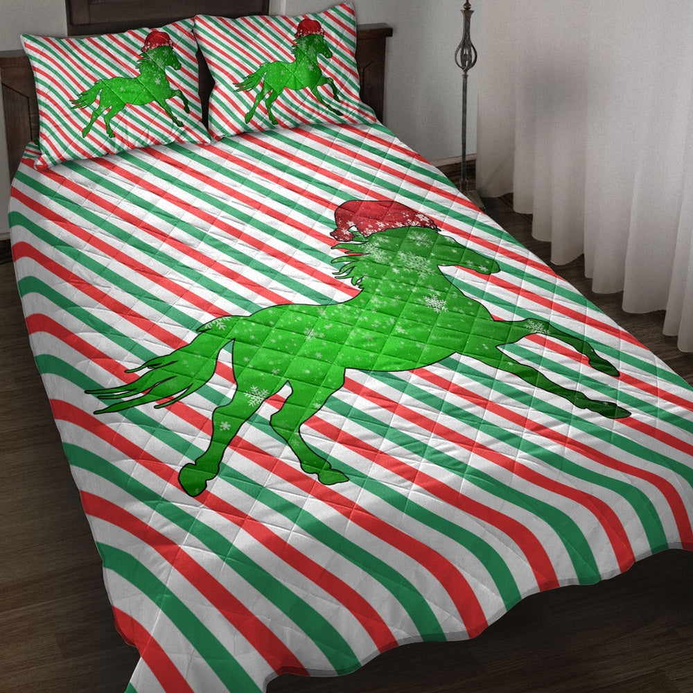 Horsemas Hat Cane Candy Stripes Shiny Green Winter Holiday Bedding Set, Christmas Beddings, Xmas Bedding Sets