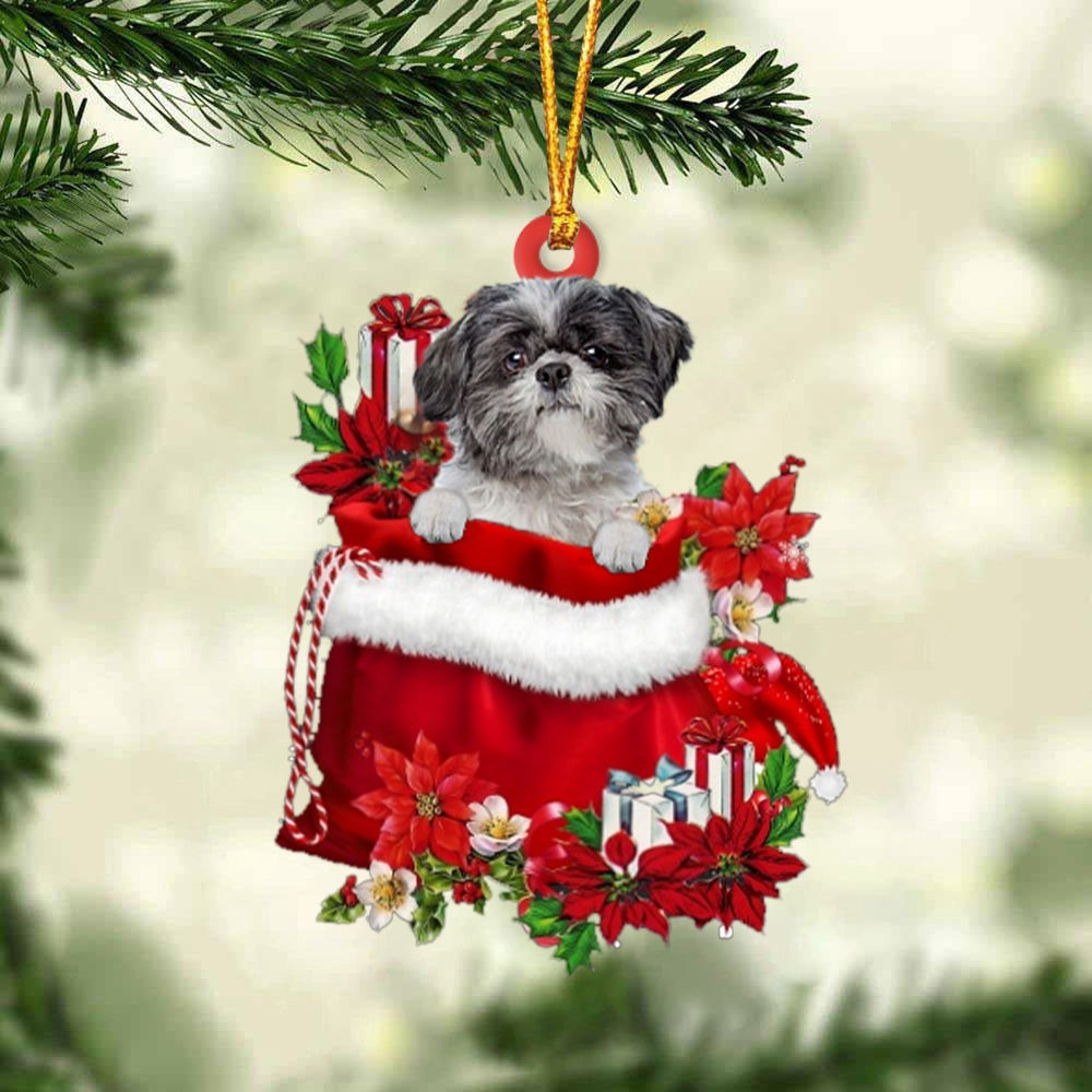 Lhasa Apso In Gift Bag Christmas Ornament, Car Ornaments, Ornament Gift Dog Lovers, Christmas Ornament