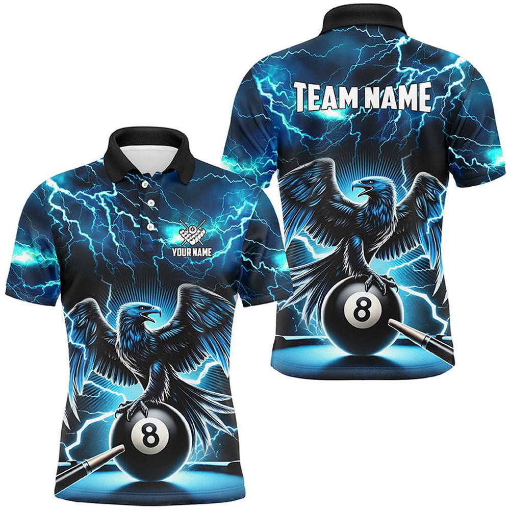 Lightning Thunder Eagle Custom Blue 8 Ball Pool Shirts, Billiard Team League Polo, Billiard Team Polo Shirts