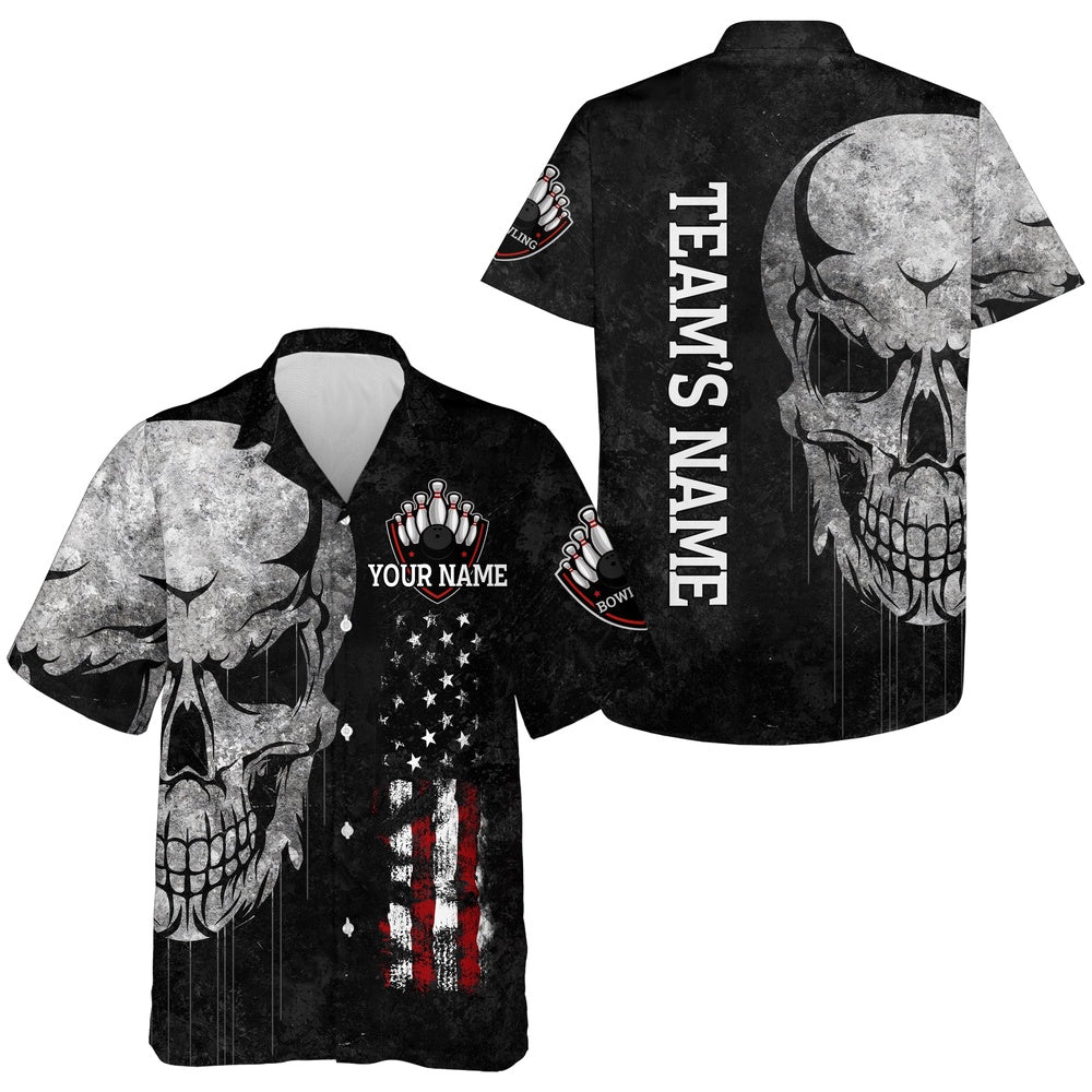 Men Women Skull Hawaiian Bowling Shirt, Patriotic, Custom Name Black Bowlers Hawaiian American Flag, Bowling Team Hawaiian