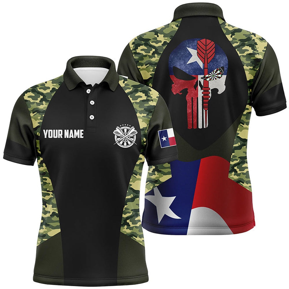 Mens Camouflage Skull Texas Flag Custom Darts Polo Shirt Patriotic Dart Polo For Men, Darts Team Polo Shirt