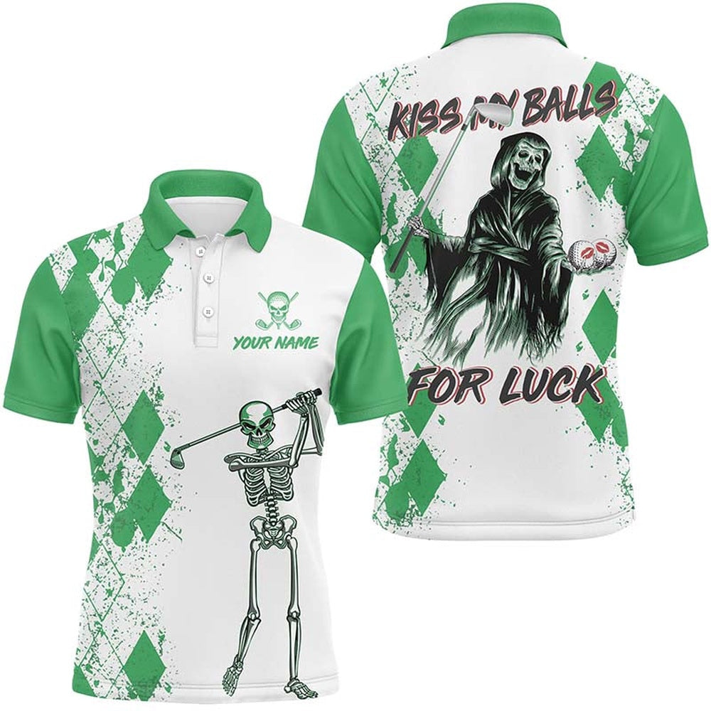 Mens Kiss My Balls Golf Polo Shirts Skeleton Green Argyle Scary Halloween Golf Shirts, Golf Polo Shirts
