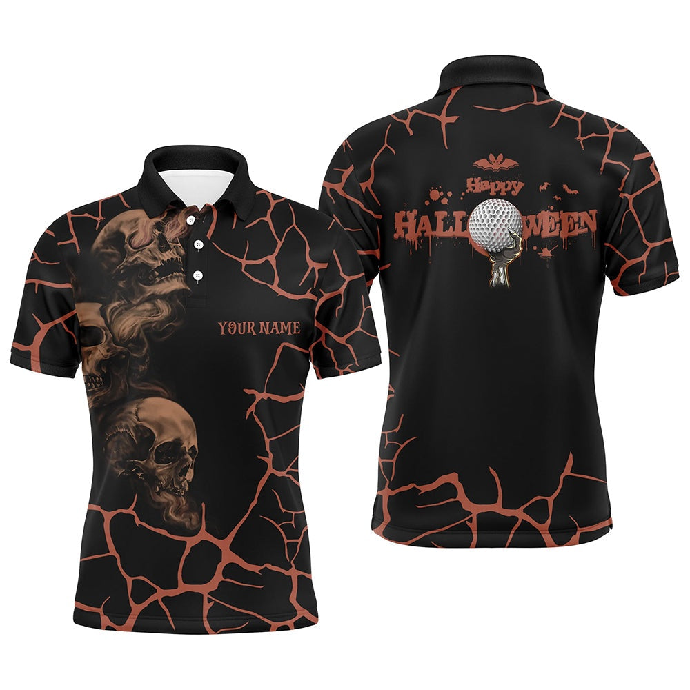 Mens Orange Happy Halloween Skull Golf Polo Shirts Spooky Halloween Golf Gift Idea, Golf Polo Shirts