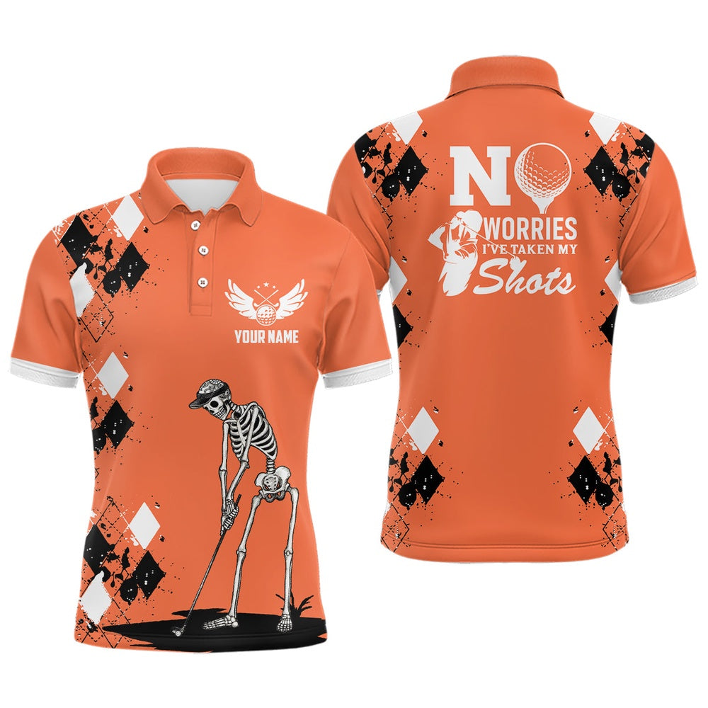 Mens Skull Golf Polo Shirt Argyle Pattern Orange Golf Shirtss Halloween Golf Gifts, Golf Polo Shirts
