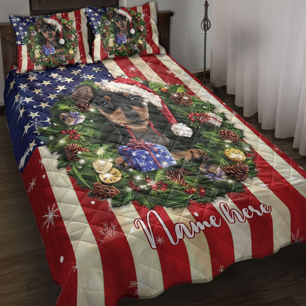 Miniature Pinscher Wearingmas Hat Bedding Set, Christmas Beddings, Xmas Bedding Sets