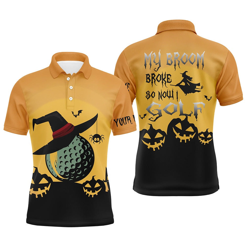 My Broom Broke So Now I Golf Orange Mens Halloween Polo Shirts Witch Scary Golf Gifts, Golf Polo Shirts