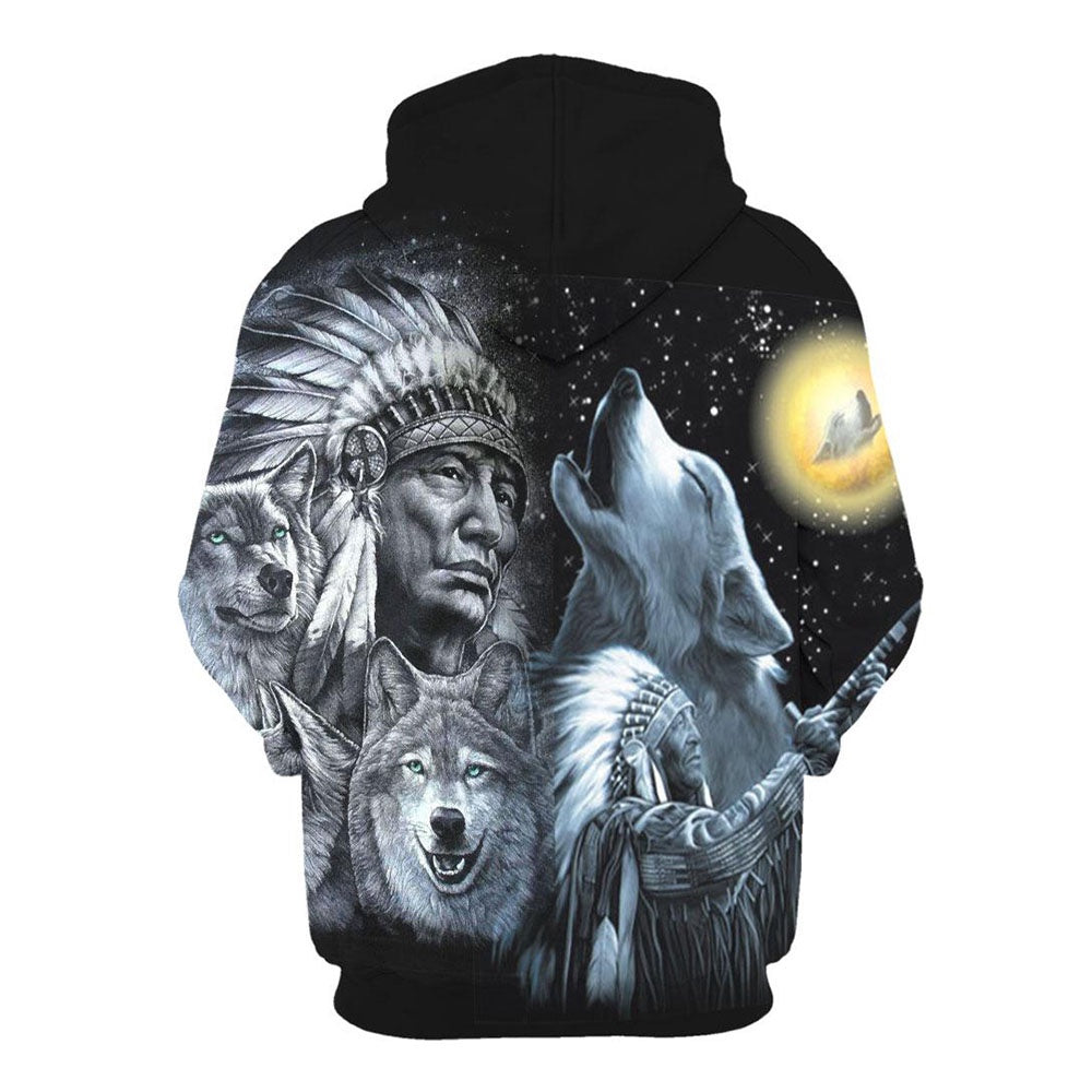 Native American Indian Chief With Wolves All Over Print Hoodie, Native American Hoodie, 3D Native American Hoodie