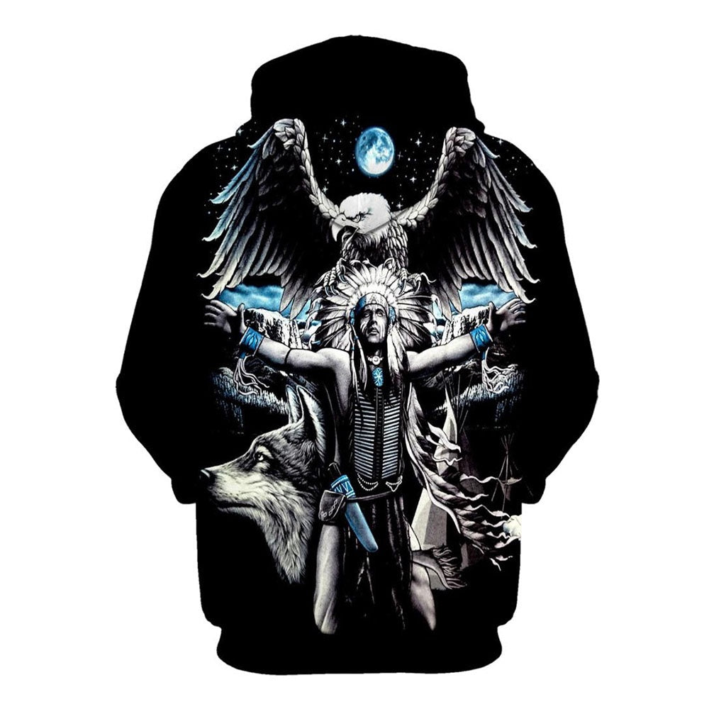 Native American Indian Chief Wolf Eagle Moon All Over Print Hoodie, Native American Hoodie, 3D Native American Hoodie