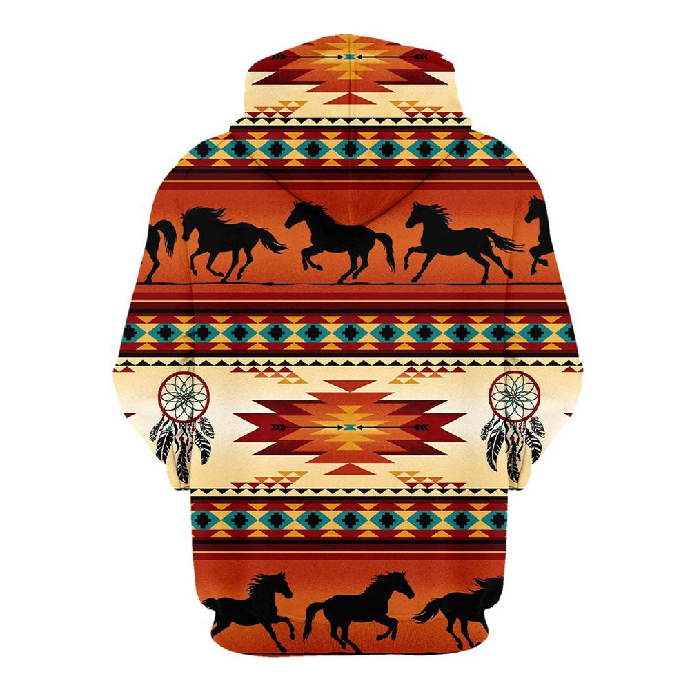 Native American Red Horses Motif All Over Print Hoodie, Native American Hoodie, 3D Native American Hoodie