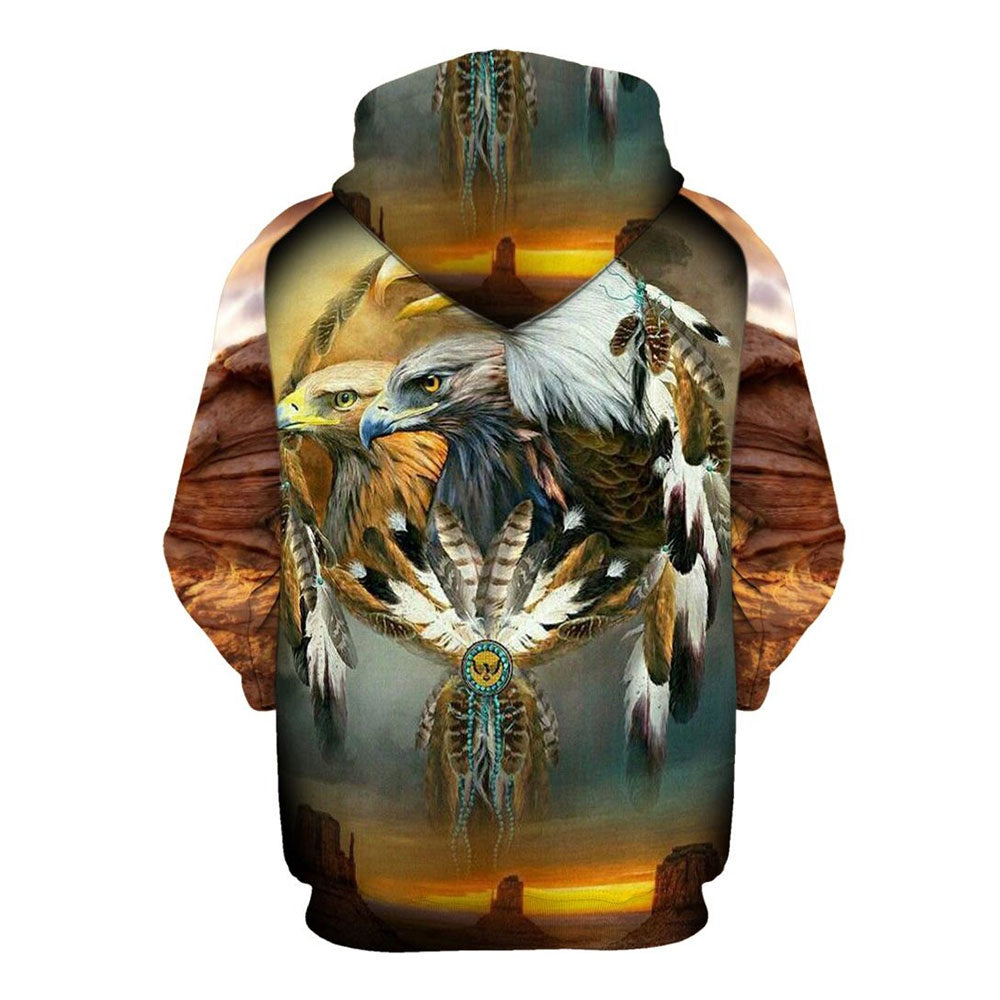 Native American Three Eagles All Over Print Hoodie, Native American Hoodie, 3D Native American Hoodie