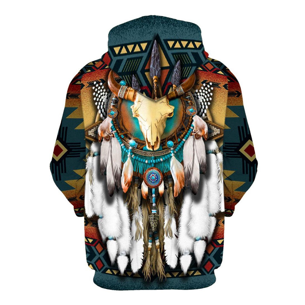 Native American Trail Of Bison Skull All Over Print Hoodie, Native American Hoodie, 3D Native American Hoodie