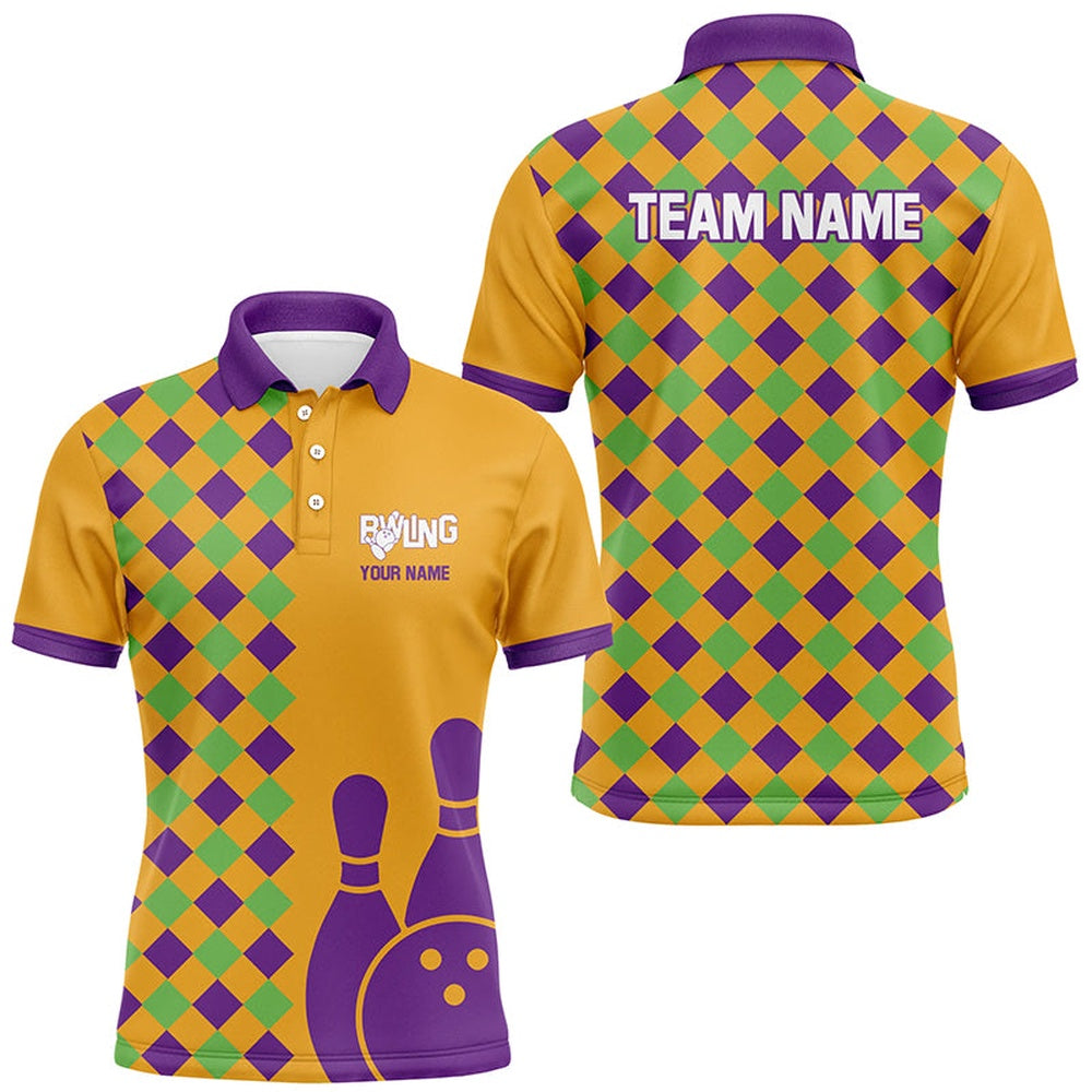 Orange Purple Argyle Pattern Halloween Custom Bowling Shirts For Men, Bowling Team League Polo, Bowling Team Shirts