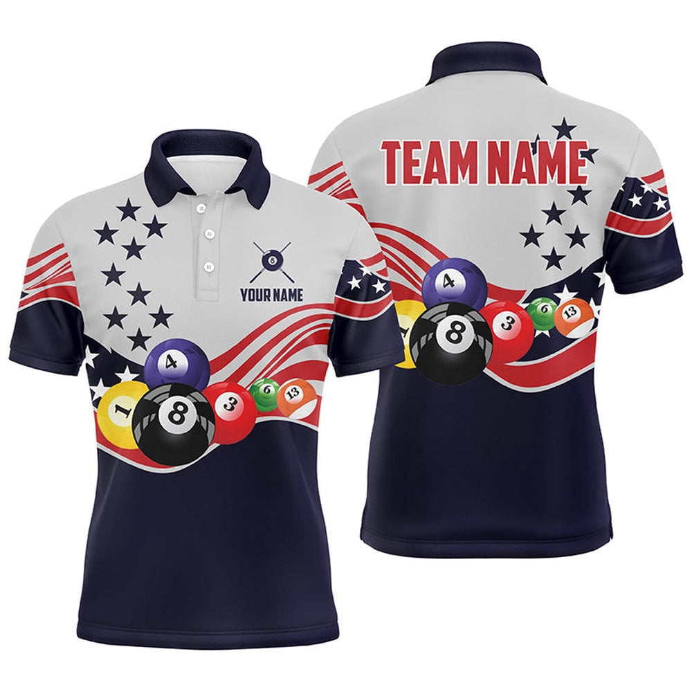 Personalized American Flag Billiard Style 3D Polo Shirts, Custom 8 Ball Pool Team Polo, Billiard Team Polo Shirts