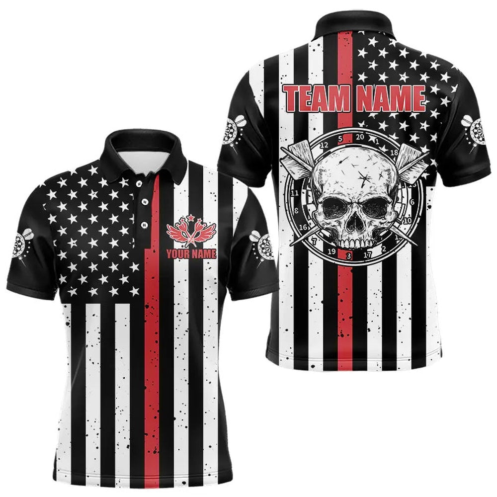 Personalized American Flag Grunge Skull Dart Shirts For Men Custom Patriotic Darts Polo Red, Darts Team Polo Shirt