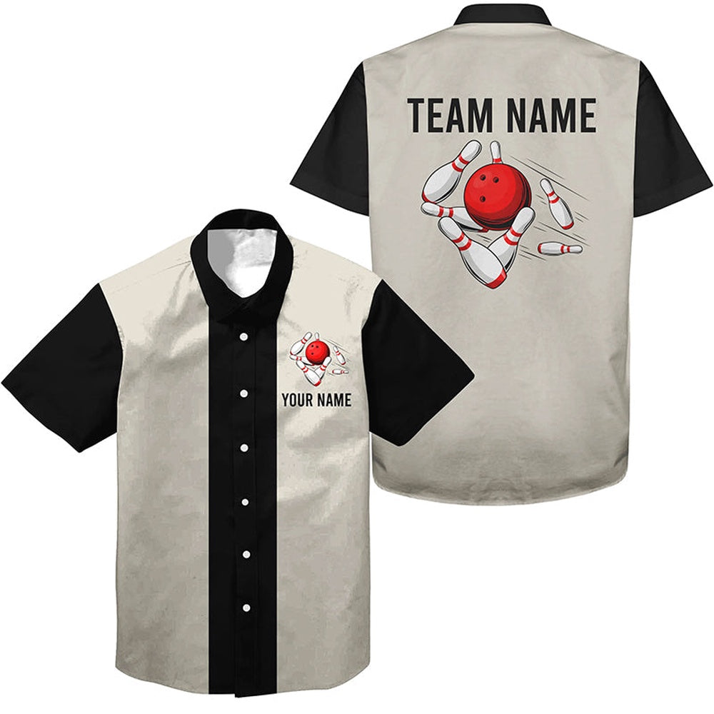 Personalized Beige And Black Retro Bowling Hawaiian Shirts, Custom Vintage Team Button Up Shirts, Bowling Team Hawaiian