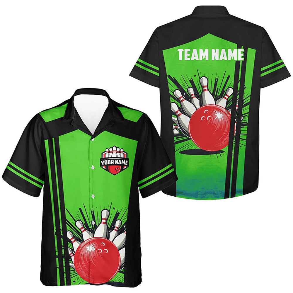 Personalized Black And Greenretro Bowling Hawaiian Shirts, Team Button Up Shirtsgift For Bowler, Bowling Team Hawaiian