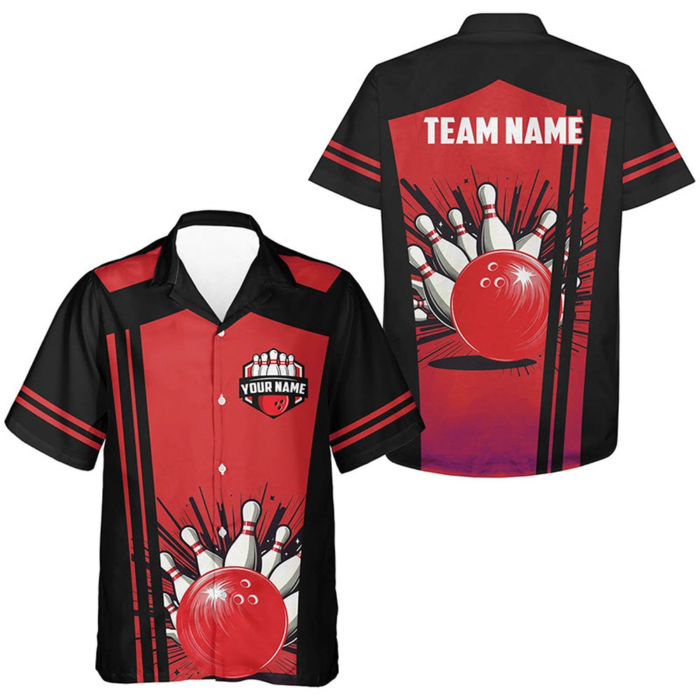 Personalized Black And Redretro Bowling Hawaiian Shirts, Team Button Up Shirtsgift For Bowler, Bowling Team Hawaiian