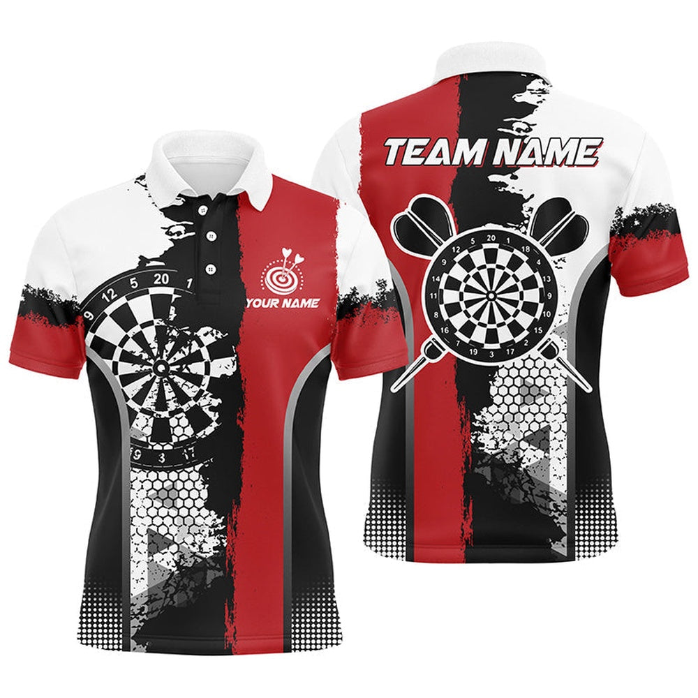 Personalized Black Red Grunge Style Darts Polo Shirts For Men Custom Name Darts Team Polo, Darts Team Polo Shirt