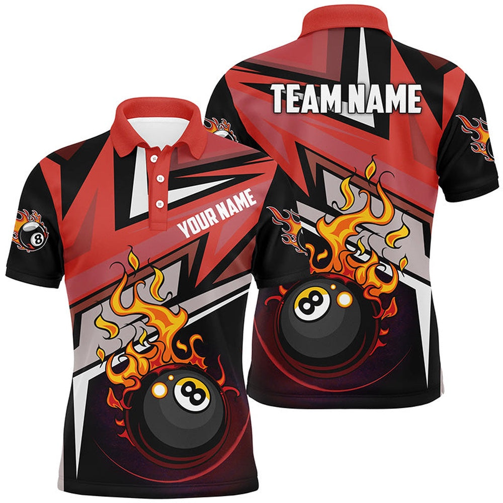Personalized Funny 8 Ball Fire Billiard Polo Shirts Best Custom Pool Player Shirts, Billiard Team Polo Shirts