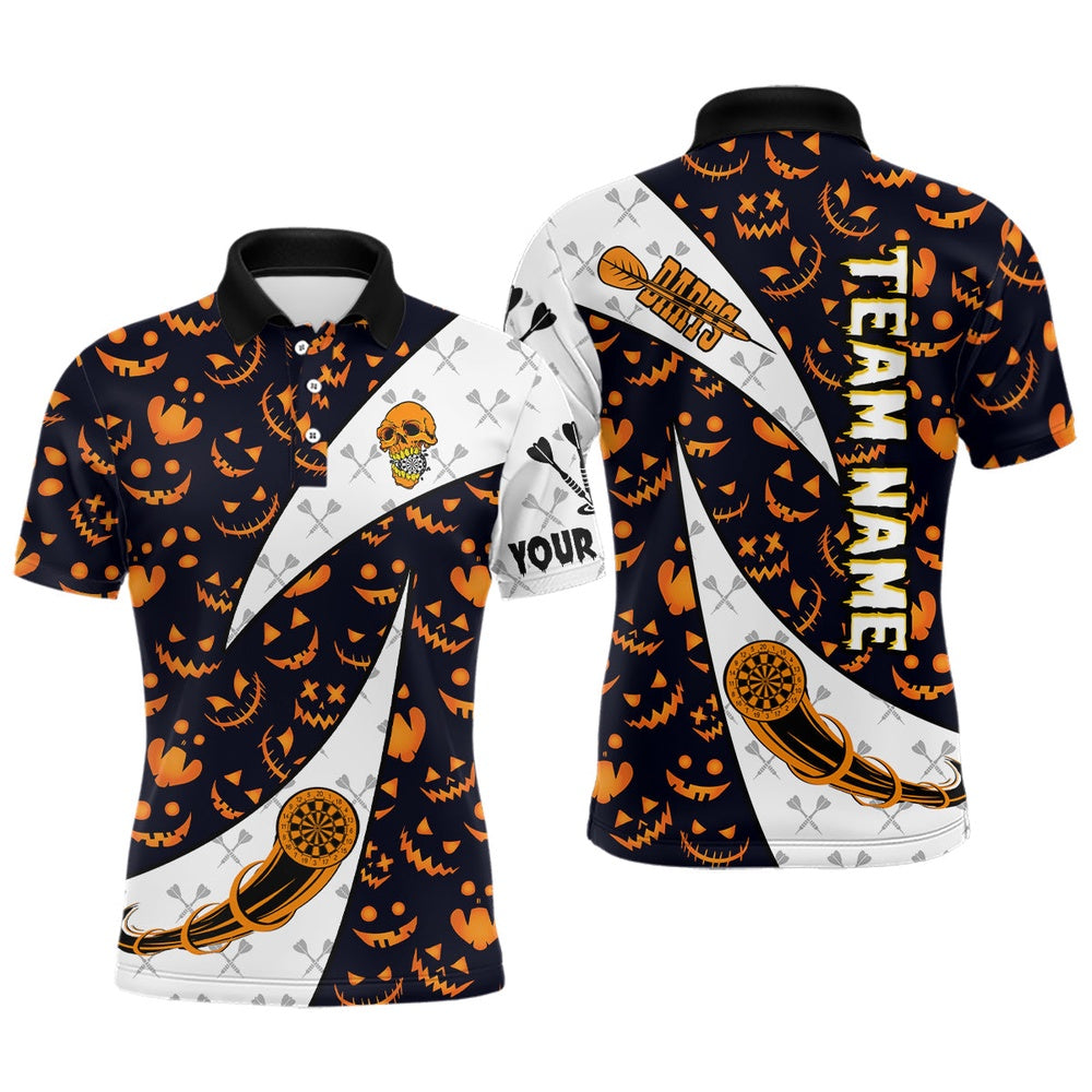 Personalized Funny Pumpkin Pattern Halloween Darts Shirts For Men, Halloween Gifts For Darts Lover, Darts Team Polo Shirt