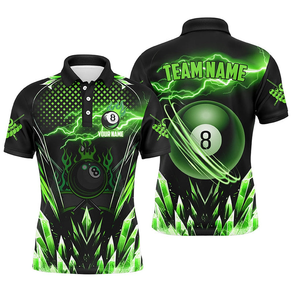 Personalized Green Icy Lightning 8 Ball Pool Polo Shirts Custom Billiard Team League Polo, Billiard Team Polo Shirts