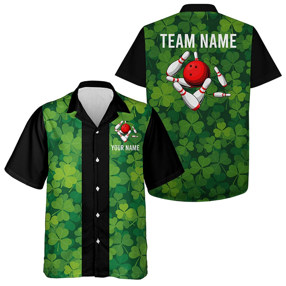 Personalized Greenclover Black Retro Bowling Hawaiian Shirts, Custom Vintage Team Button Up Shirts, Bowling Team Hawaiian