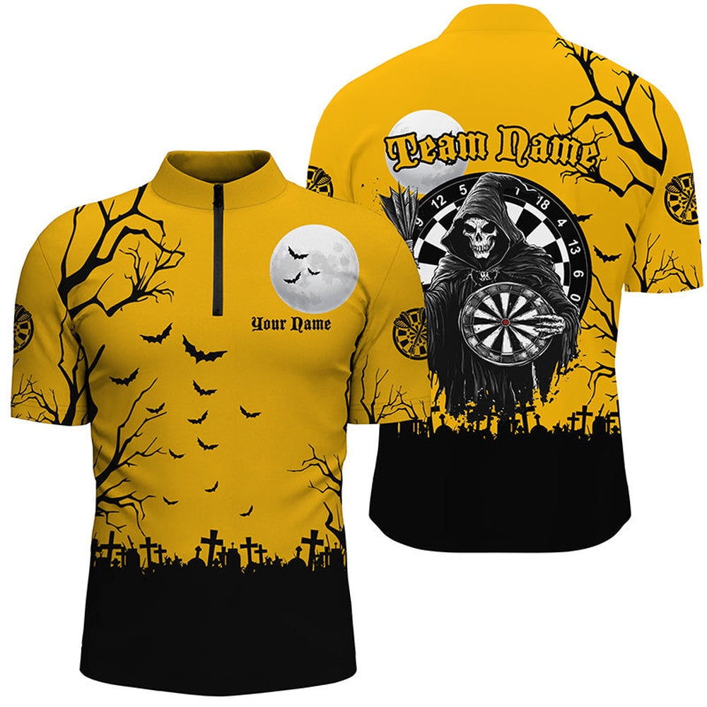 Personalized Halloween Darts Shirts For Men, Funny Death Skeleton Orange Black Darts Jersey, Darts Team Jersey Shirt