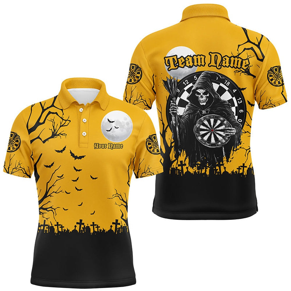 Personalized Halloween Darts Shirts For Men, Funny Death Skeleton Orange Black Darts Polo, Darts Team Polo Shirt