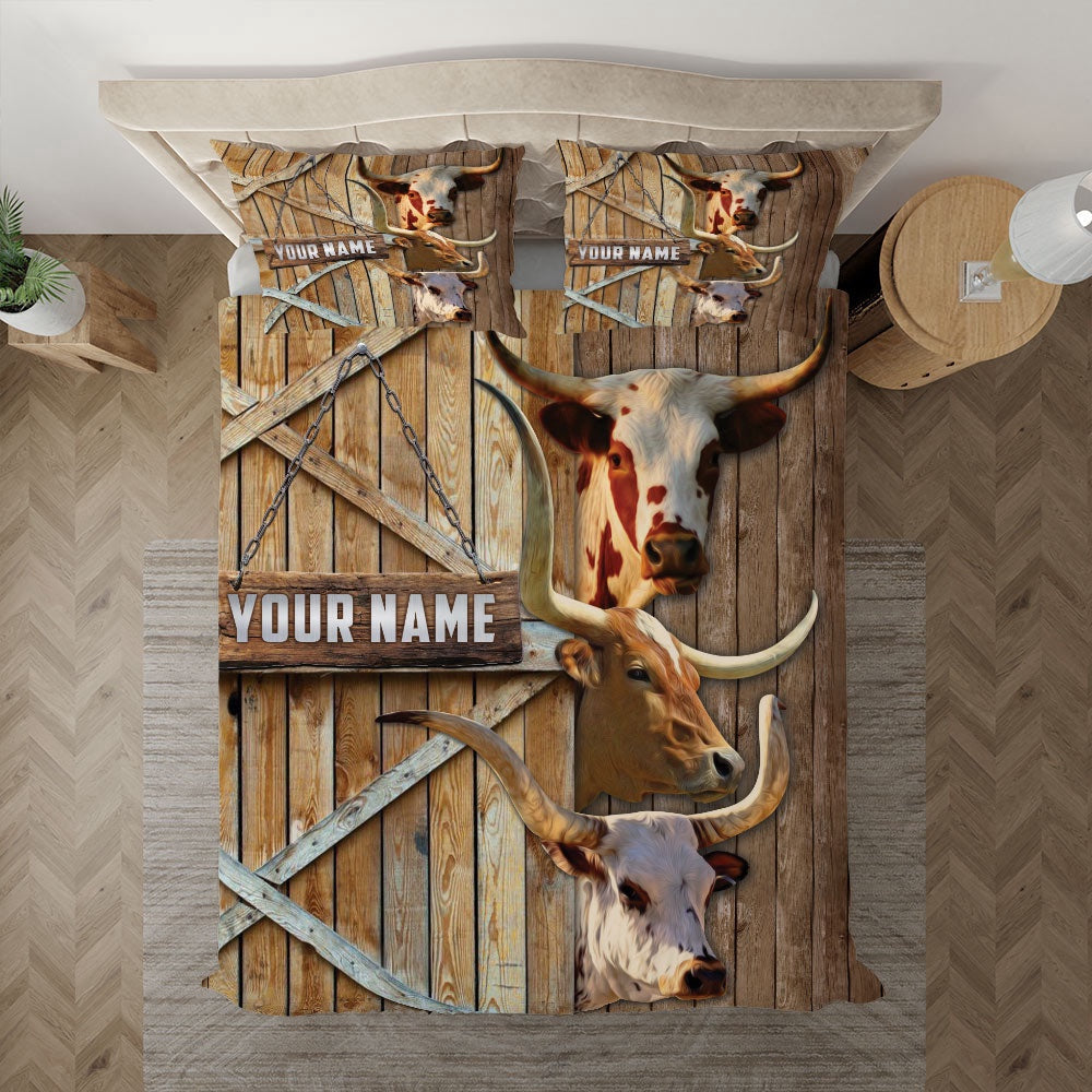 Personalized Name Happy Farm TX Longhorn Wooden Door Bedding Set, Farm Bedding Set, Farmhouse Bedding Set