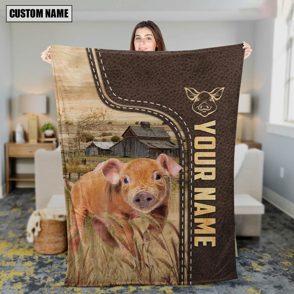 Personalized Name Pig Brown Leather Pattern Blanket, Farm Blanket, Farm Animal Blanket