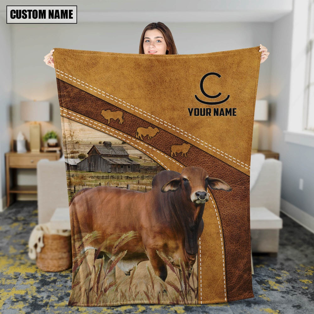 Personalized Name Red Brahman In Field Farmhouse Blanket, Farm Blanket, Farm Animal Blanket