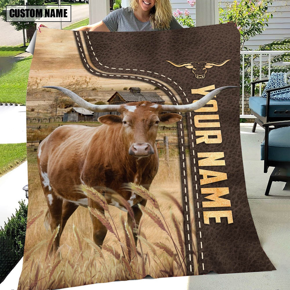 Personalized Name Texas Longhorn Leather Pattern Blanket, Farm Blanket, Farm Animal Blanket