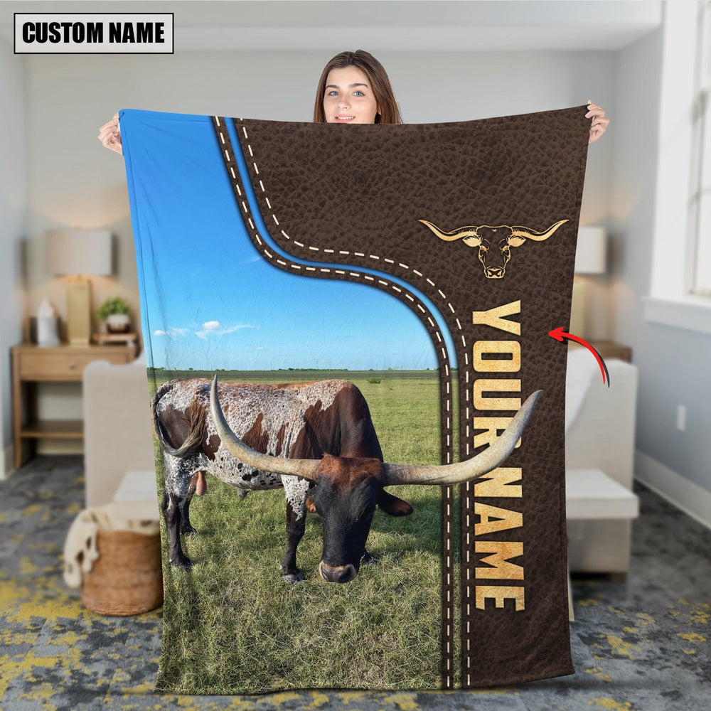 Personalized Name Texas Longhorn of Gibson Farms Leather Pattern Blanket, Farm Blanket, Farm Animal Blanket