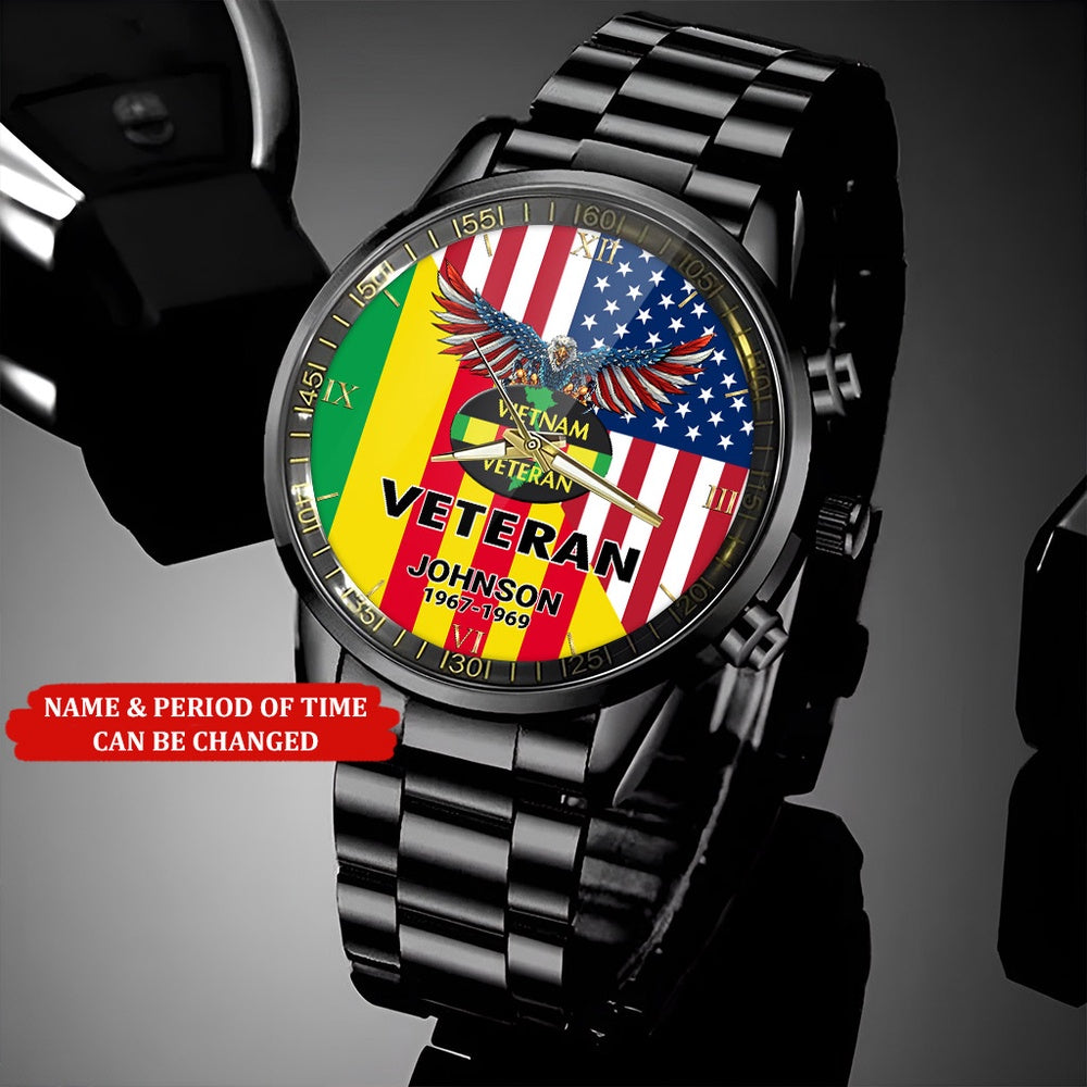 Personalized Name Time Eagle Flag Vietnam Veteran Business Watch, Military Watch, Military Watches For Men, Fathers Watches
